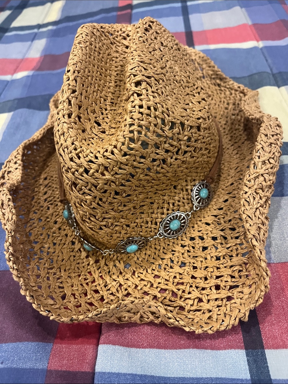 NWOT Natural Straw Adjustable Cowboy Hat with Turquoise Concho Band